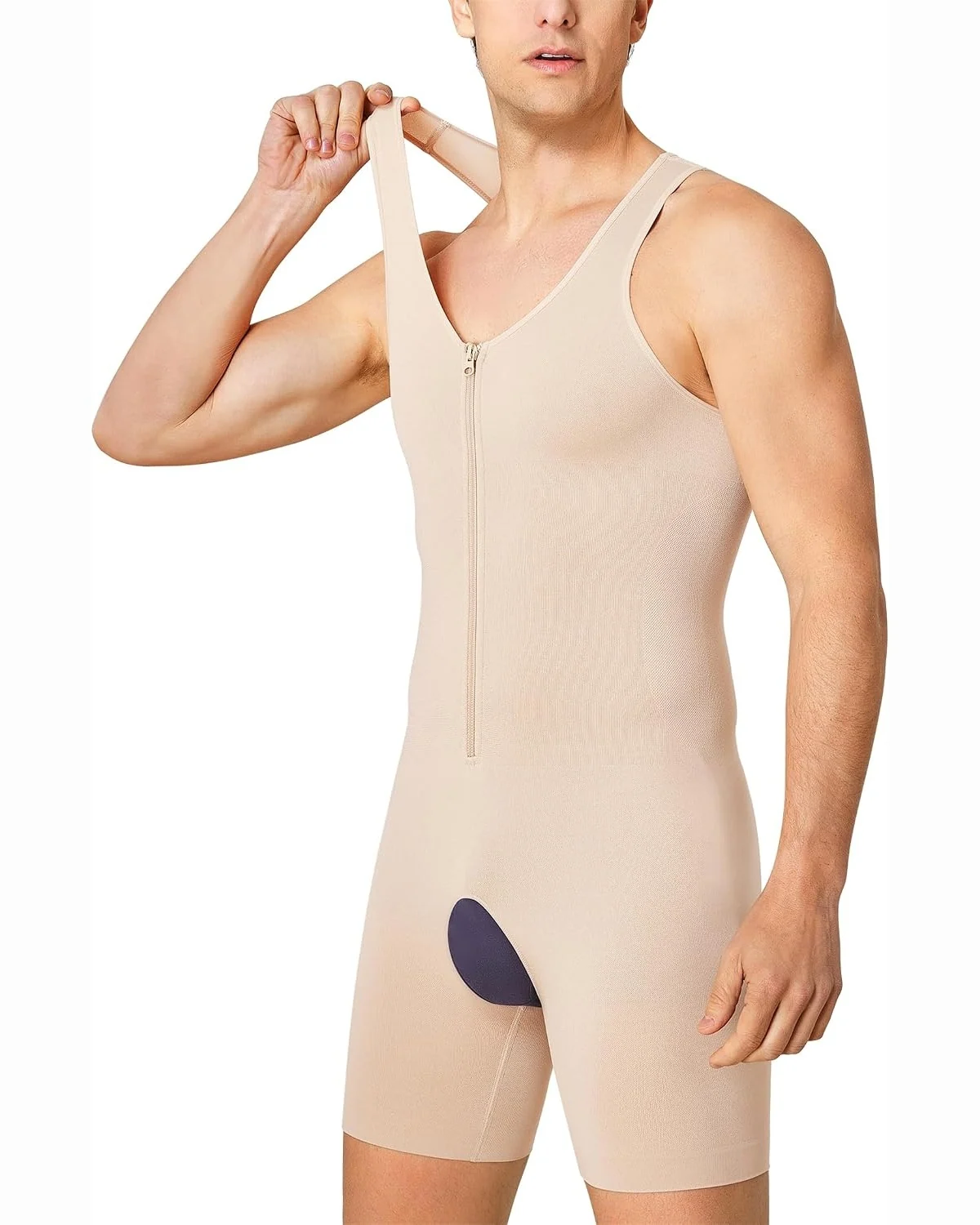 Front-Zip Bodysuit, Beige, M-L